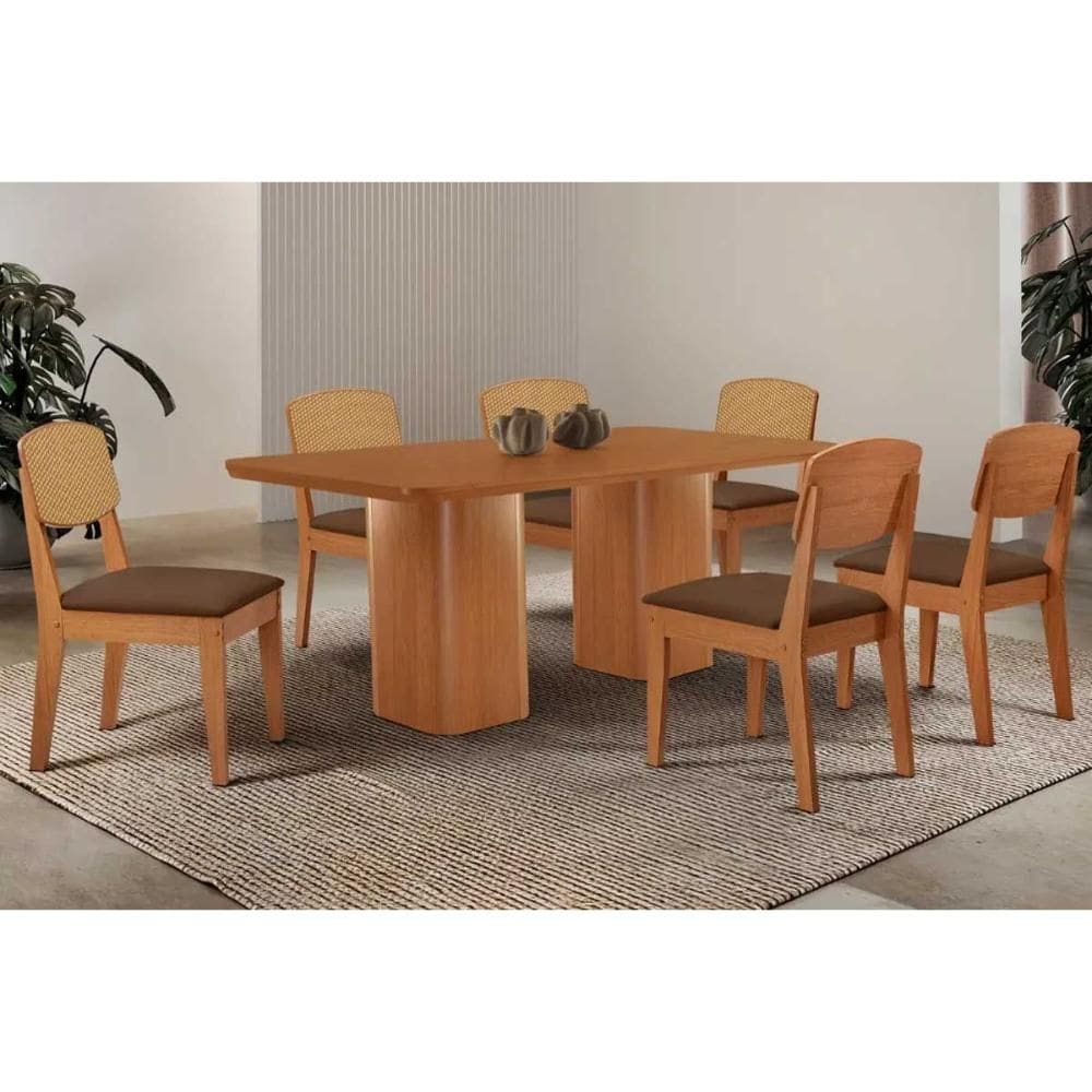 Sala de Jantar Completa Maldivas c/ Tampo Madeirado Canto Curvo 180x90cm e 6 Cadeiras Havana Premium Naturale - Suede Marrom - Rufato