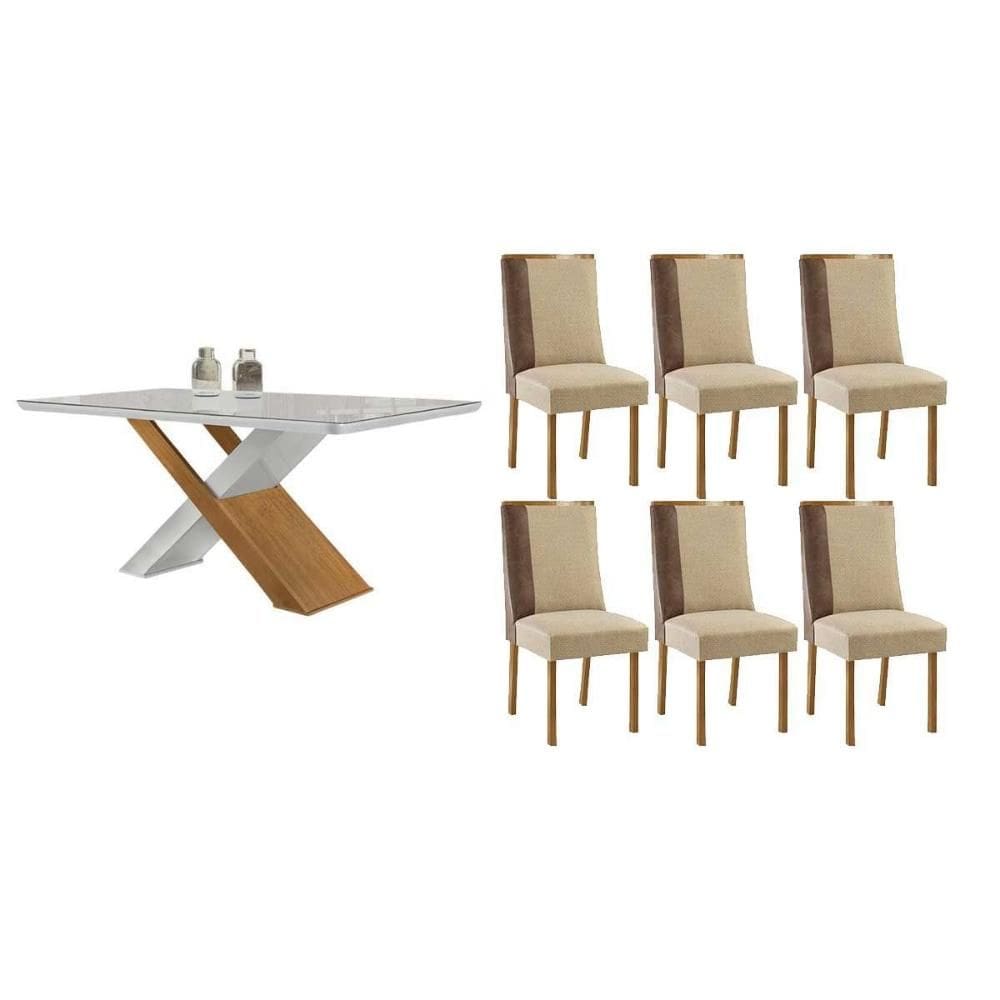 Sala de Jantar Completa Imperatriz c/ Tampo Madeirado c/ Vidro Canto Curvo 180X90cm e 6 Cadeiras Tilia Naturale/Off White - Linho Bege - Rufato