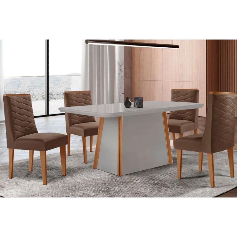 Sala de Jantar Completa Tilia c/ Tampo Madeirado c/ Vidro Canto Curvo 120x80cm e 4 Cadeiras Dafne Naturale/Off White - Suede Marrom - Rufato