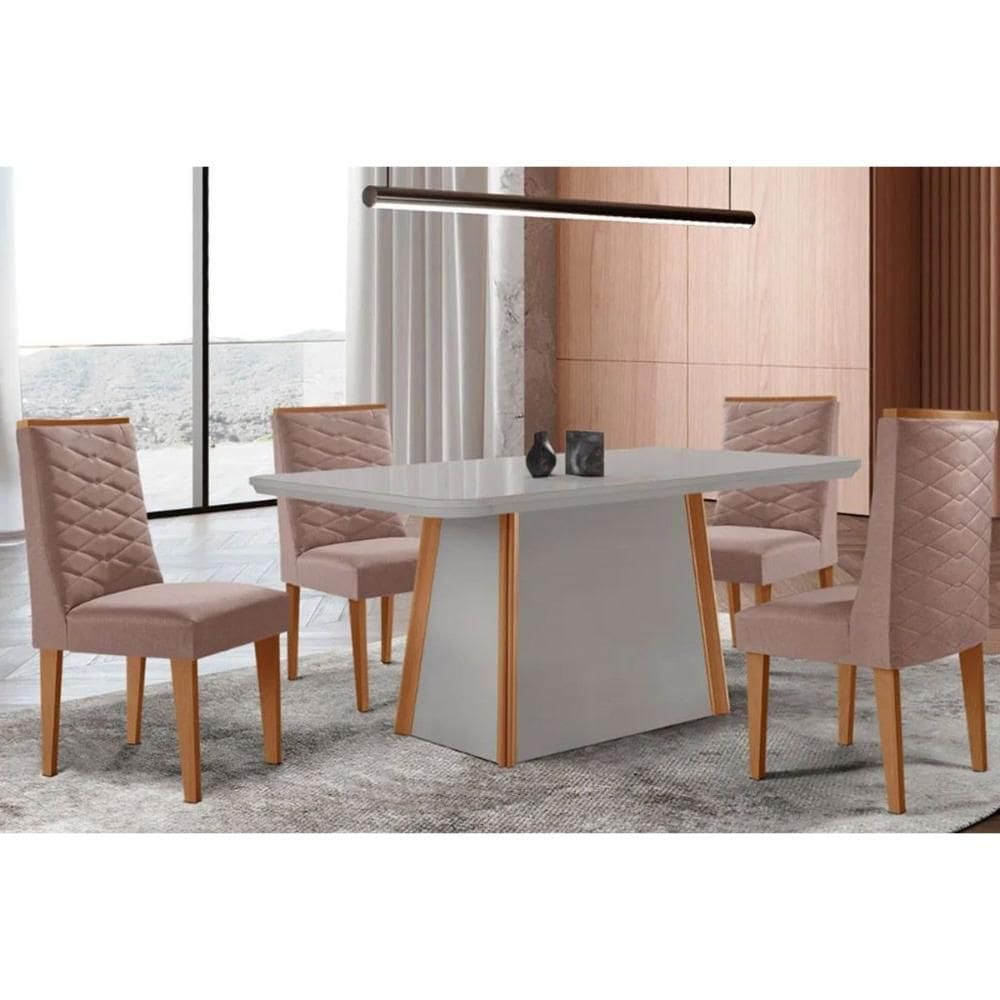 Sala de Jantar Completa Tilia c/ Tampo Madeirado c/ Vidro Canto Curvo 120x80cm e 4 Cadeiras Dafne Naturale/Off White - Linho Capuccino - Rufato