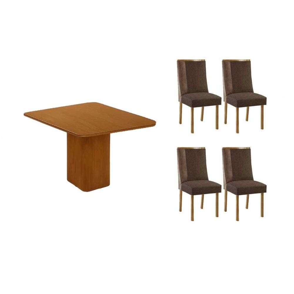Sala de Jantar Completa Maldivas c/ Tampo Madeirado Canto Curvo 90x90cm e 4 Cadeiras Tilia Naturale - Suede Marrom - Rufato