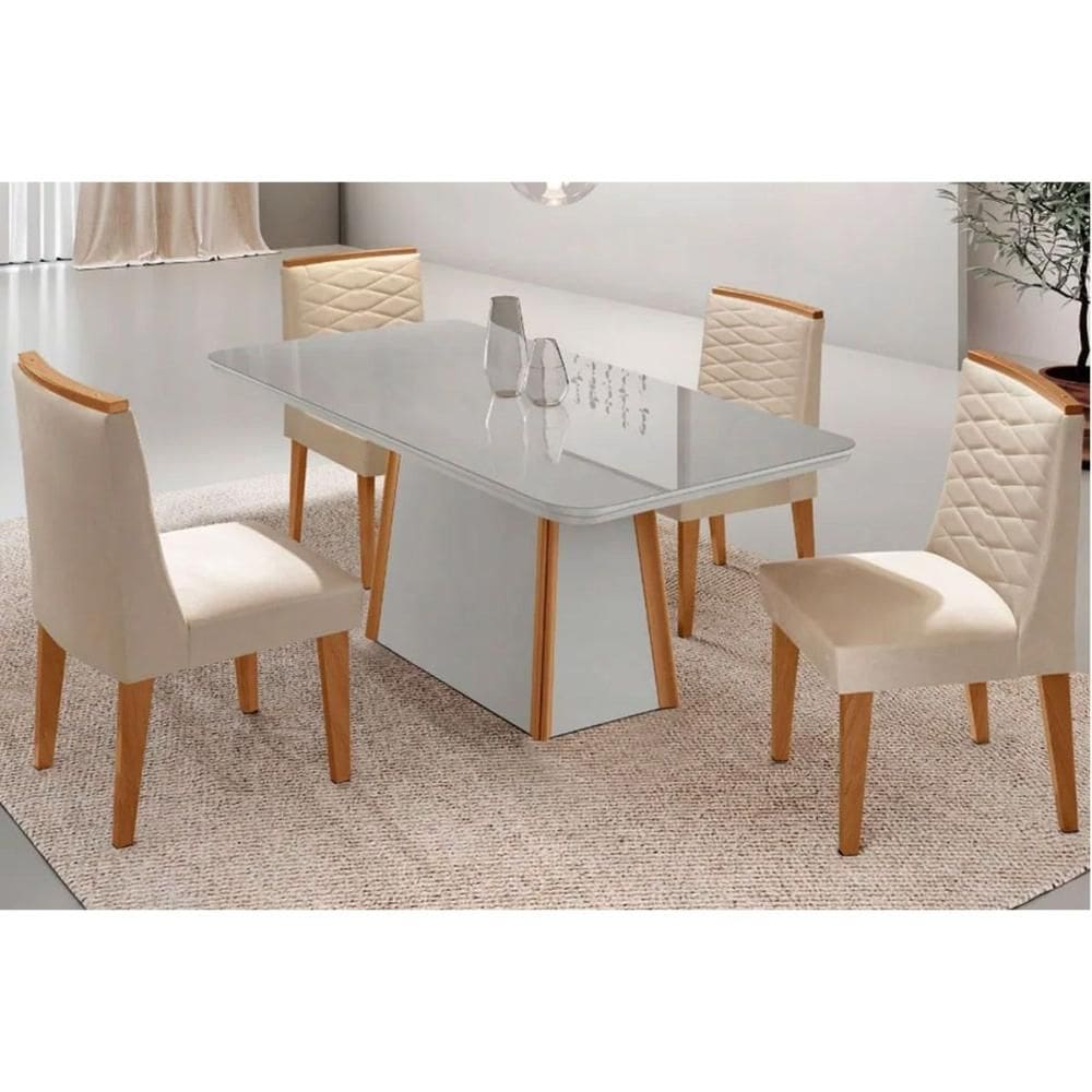 Sala de Jantar Completa Tilia c/ Tampo Madeirado c/ Vidro Canto Curvo 120x80cm e 4 Cadeiras Maldivas Naturale/Off White - Suede Creme - Rufato