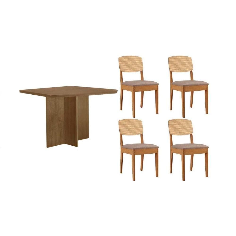 Sala de Jantar Completa Berlim c/ Tampo Madeirado Canto Curvo 90x90cm e 4 Cadeiras Havana Premium Naturale - Linho Capuccino - Rufato
