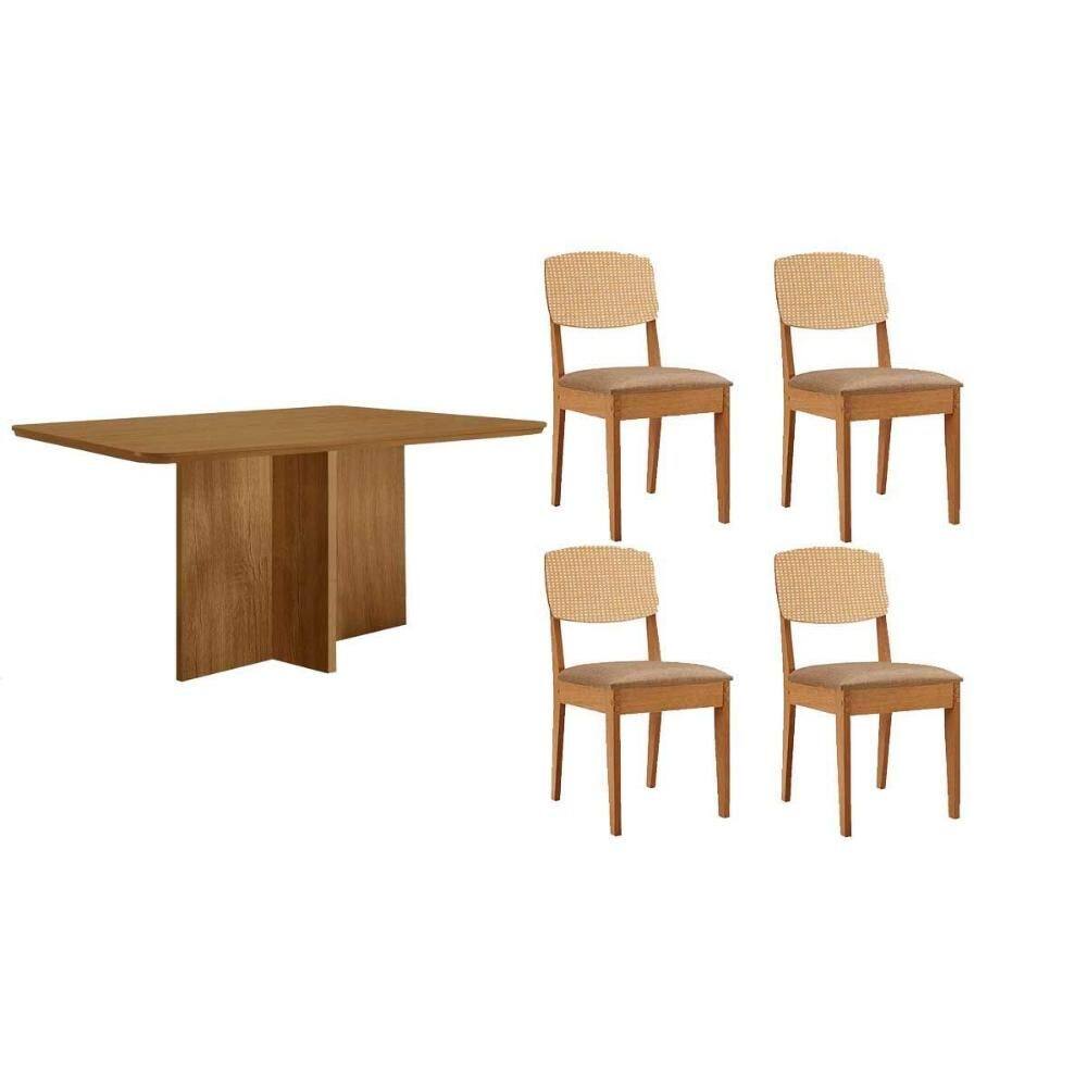 Sala de Jantar Completa Berlim c/ Tampo Madeirado Canto Curvo 120x80cm e 4 Cadeiras Havana Premium Naturale - Linho Bege - Rufato