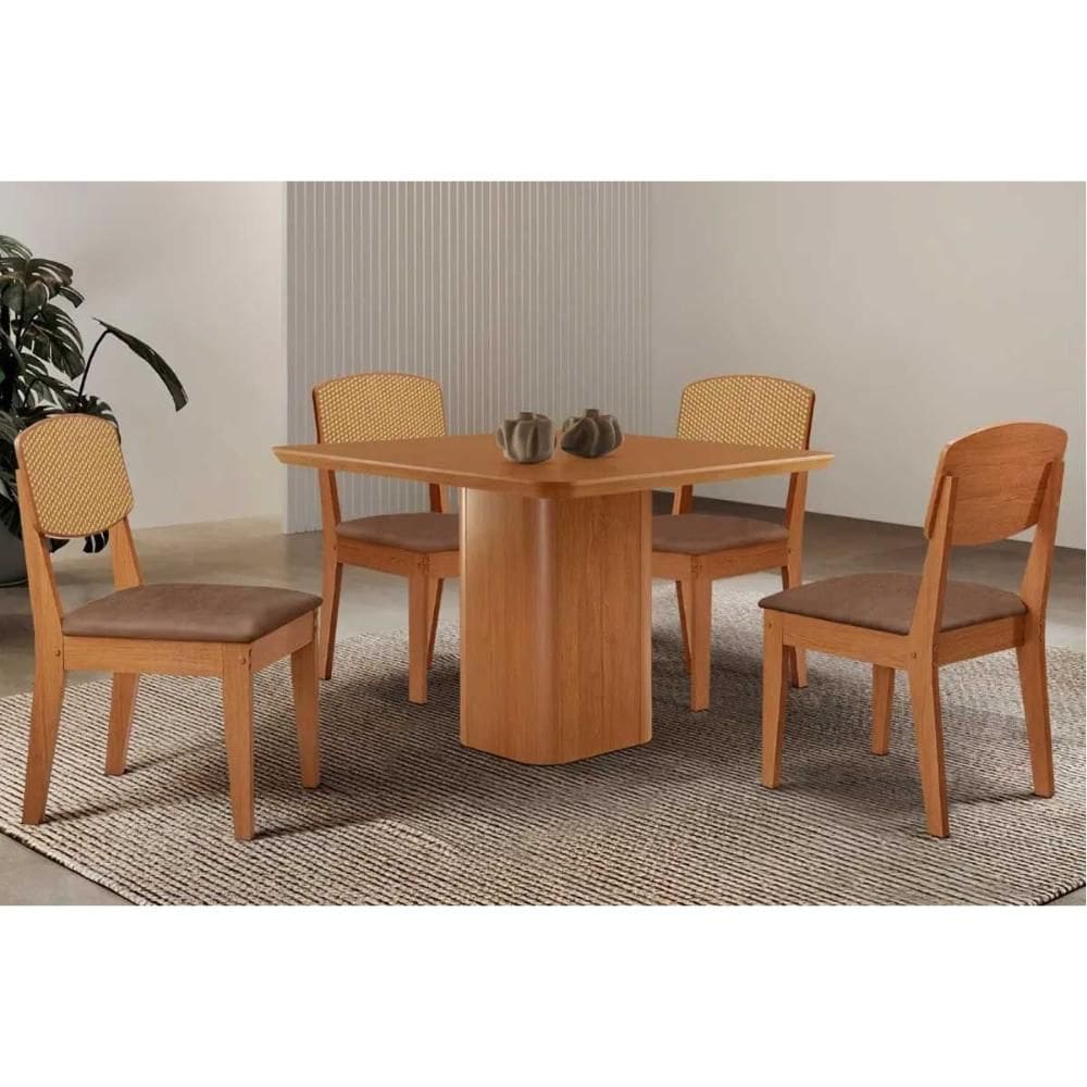 Sala de Jantar Completa Maldivas c/ Tampo Madeirado Canto Curvo 90x90cm e 4 Cadeiras Havana Premium Naturale - Corano Capuccino - Rufato