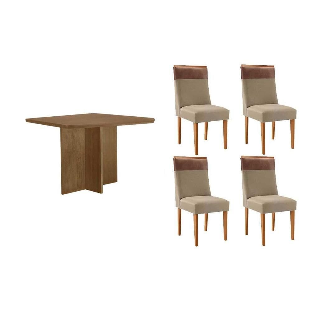 Sala de Jantar Completa Berlim c/ Tampo Madeirado Canto Curvo 90x90cm e 4 Cadeiras Jaspe Naturale - Linho Bege - Rufato