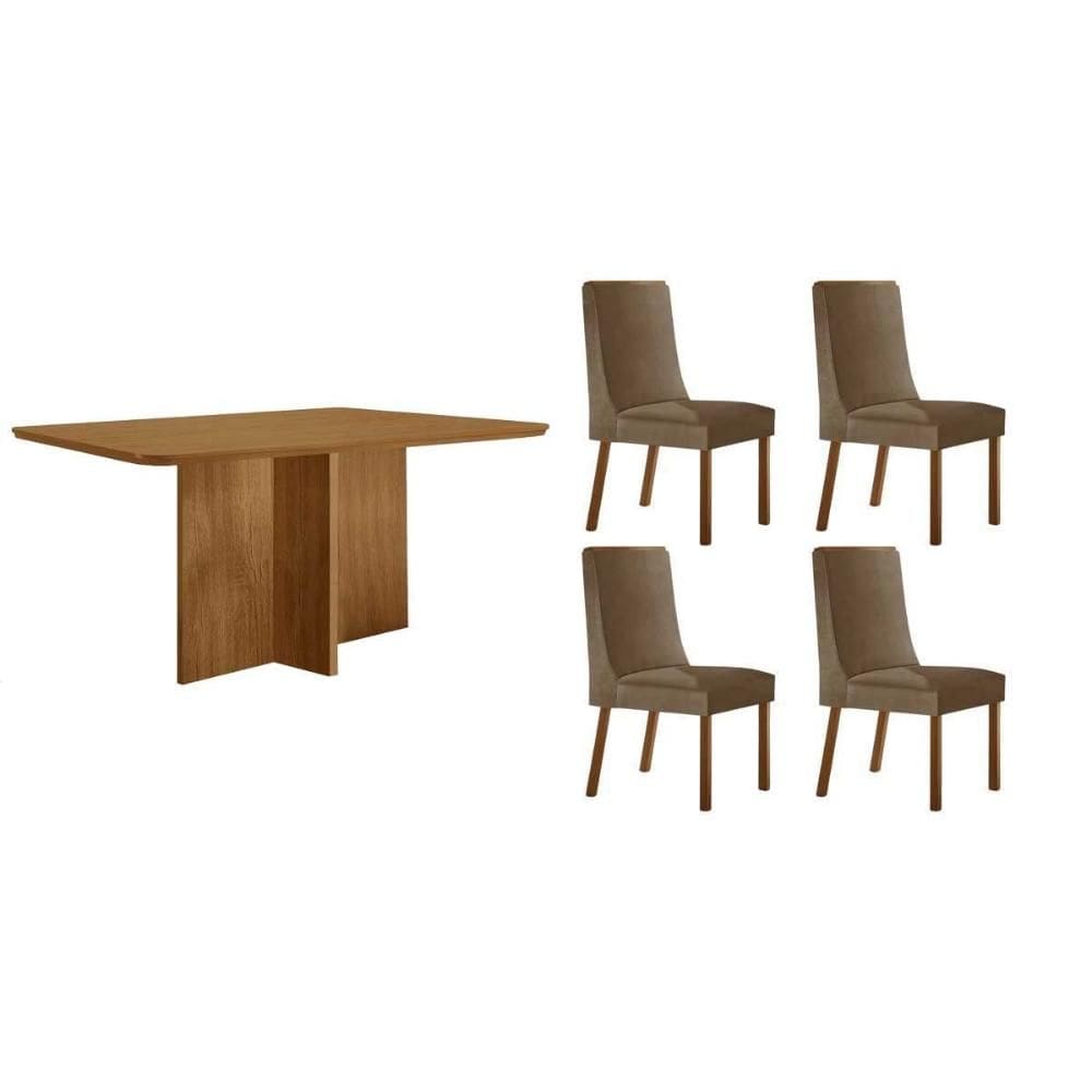 Sala de Jantar Completa Berlim c/ Tampo Madeirado Canto Curvo 120x80cm e 4 Cadeiras Dakota Naturale - Suede Capuccino - Rufato