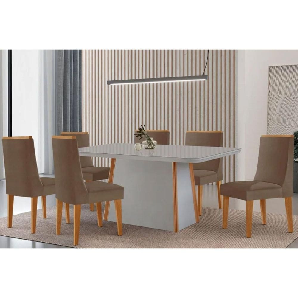 Sala de Jantar Completa Tilia c/ Tampo Madeirado c/ Vidro Canto Curvo 180x90cm e 6 Cadeiras Dakota Naturale/Off White - Suede Capuccino - Rufato