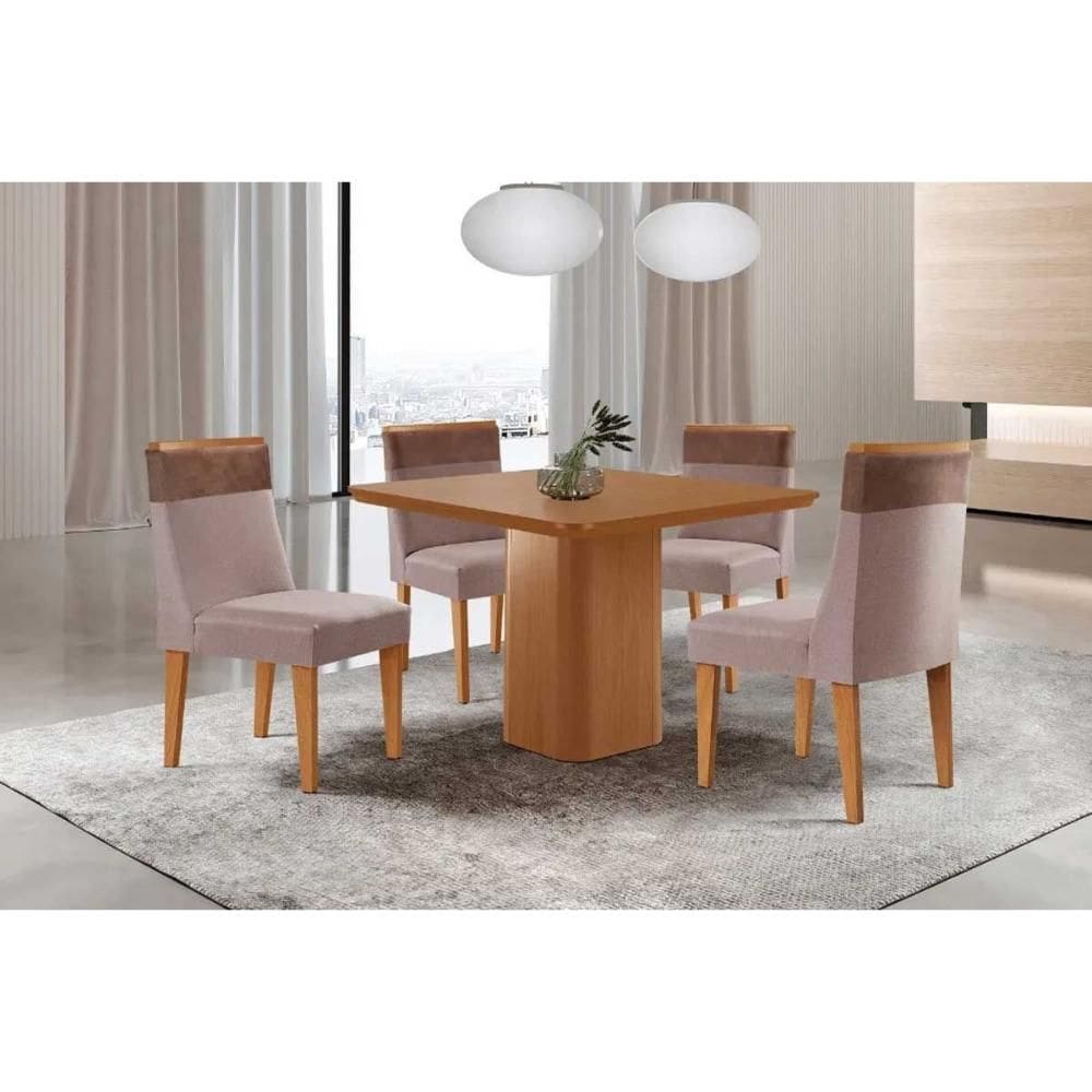 Sala de Jantar Completa Maldivas c/ Tampo Madeirado Canto Curvo 90x90cm e 4 Cadeiras Jaspe Naturale - Linho Capuccino - Rufato