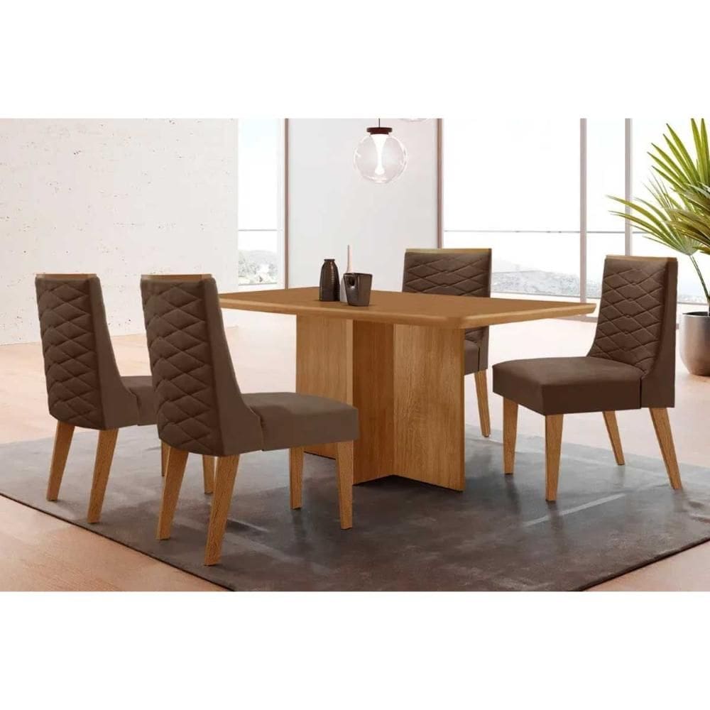 Sala de Jantar Completa Berlim c/ Tampo Madeirado Canto Curvo 120x80cm e 4 Cadeiras Dafne Naturale - Suede Marrom - Rufato