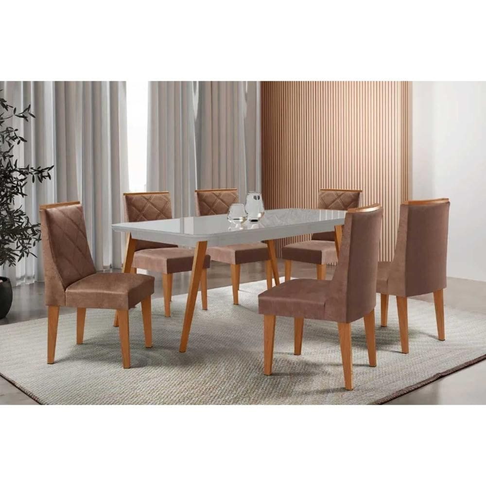 Sala de Jantar Completa Havana c/ Tampo Madeirado c/ Vidro Canto Curvo 180x90cm e 6 Cadeiras Pietá Naturale/Off White - Corano Capuccino - Rufato