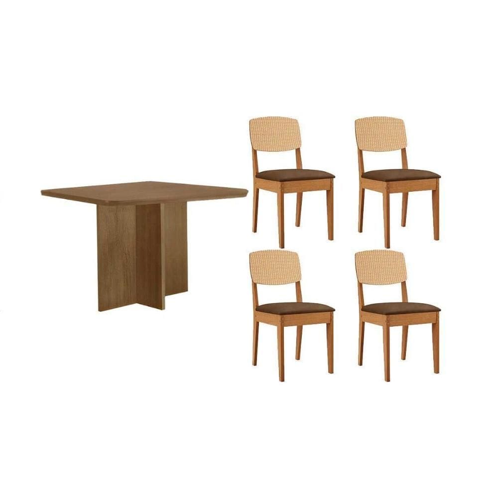 Sala de Jantar Completa Berlim c/ Tampo Madeirado Canto Curvo 90x90cm e 4 Cadeiras Havana Premium Naturale - Suede Marrom - Rufato