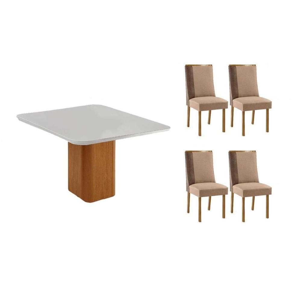 Sala de Jantar Completa Maldivas c/ Tampo Madeirado c/ Vidro Canto Curvo 90x90cm e 4 Cadeiras Tilia Naturale/Off White - Linho Capuccino - Rufato
