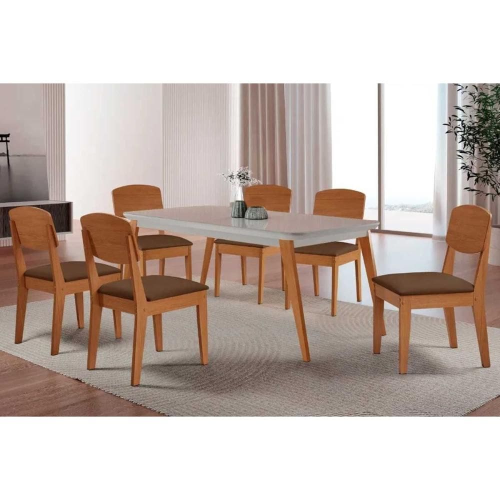 Sala de Jantar Completa Havana c/ Tampo Madeirado c/ Vidro Canto Curvo 180x90cm e 6 Cadeiras Havana Naturale/Off White - Suede Marrom - Rufato