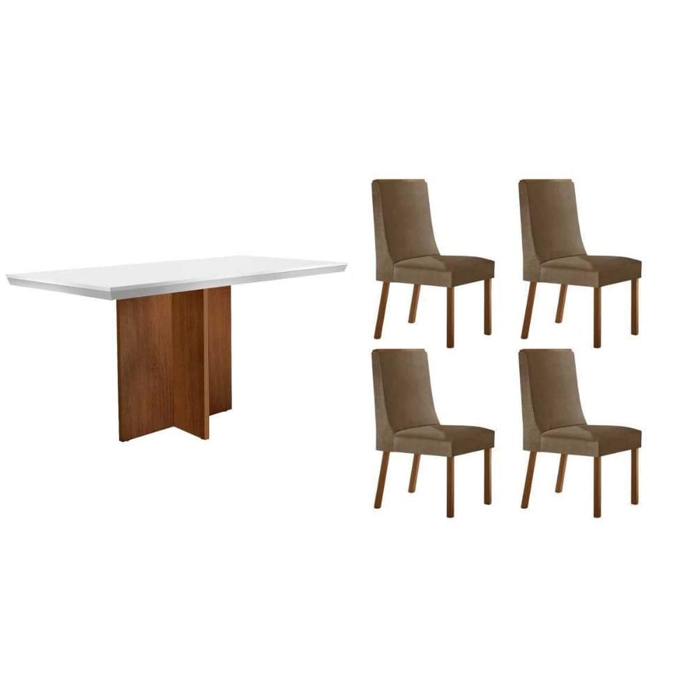 Sala de Jantar Completa Berlim c/ Tampo Madeirado c/ Vidro Canto Curvo 120x80cm e 4 Cadeiras Dakota Naturale/Off White - Suede Capuccino - Rufato