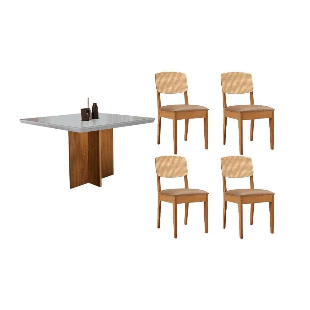 Sala de Jantar Completa Berlim c/ Tampo Madeirado c/ Vidro Canto Curvo 90x90cm e 4 Cadeiras Havana Premium Naturale/Off White - Linho Bege - Rufato