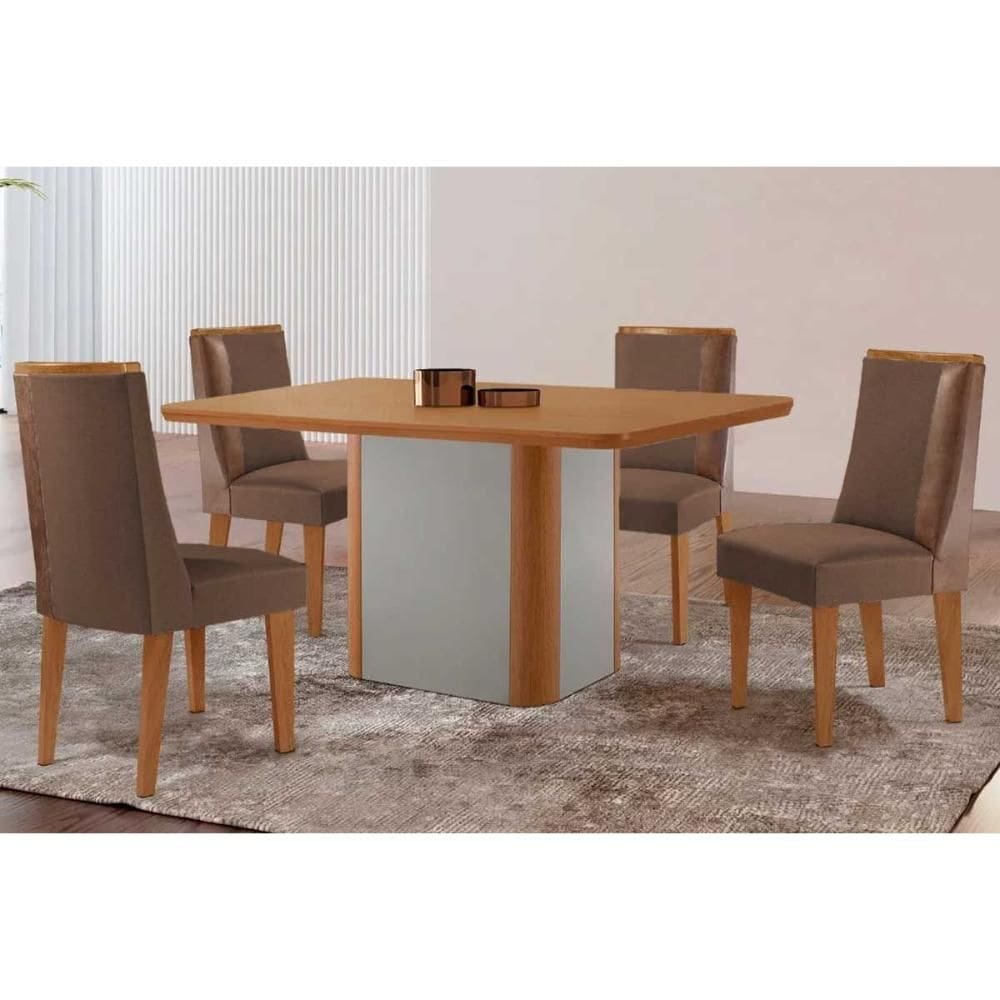 Sala de Jantar Completa Pietá c/ Tampo Madeirado Canto Curvo 120x80cm e 4 Cadeiras Tilia Naturale/Off White - Suede Marrom - Rufato