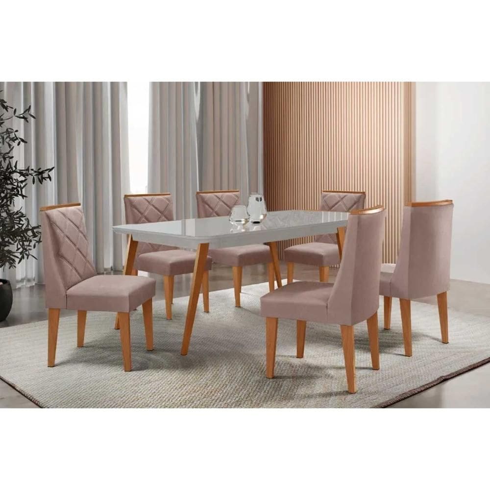 Sala de Jantar Completa Havana c/ Tampo Madeirado c/ Vidro Canto Curvo 180x90cm e 6 Cadeiras Pietá Naturale/Off White - Linho Capuccino - Rufato