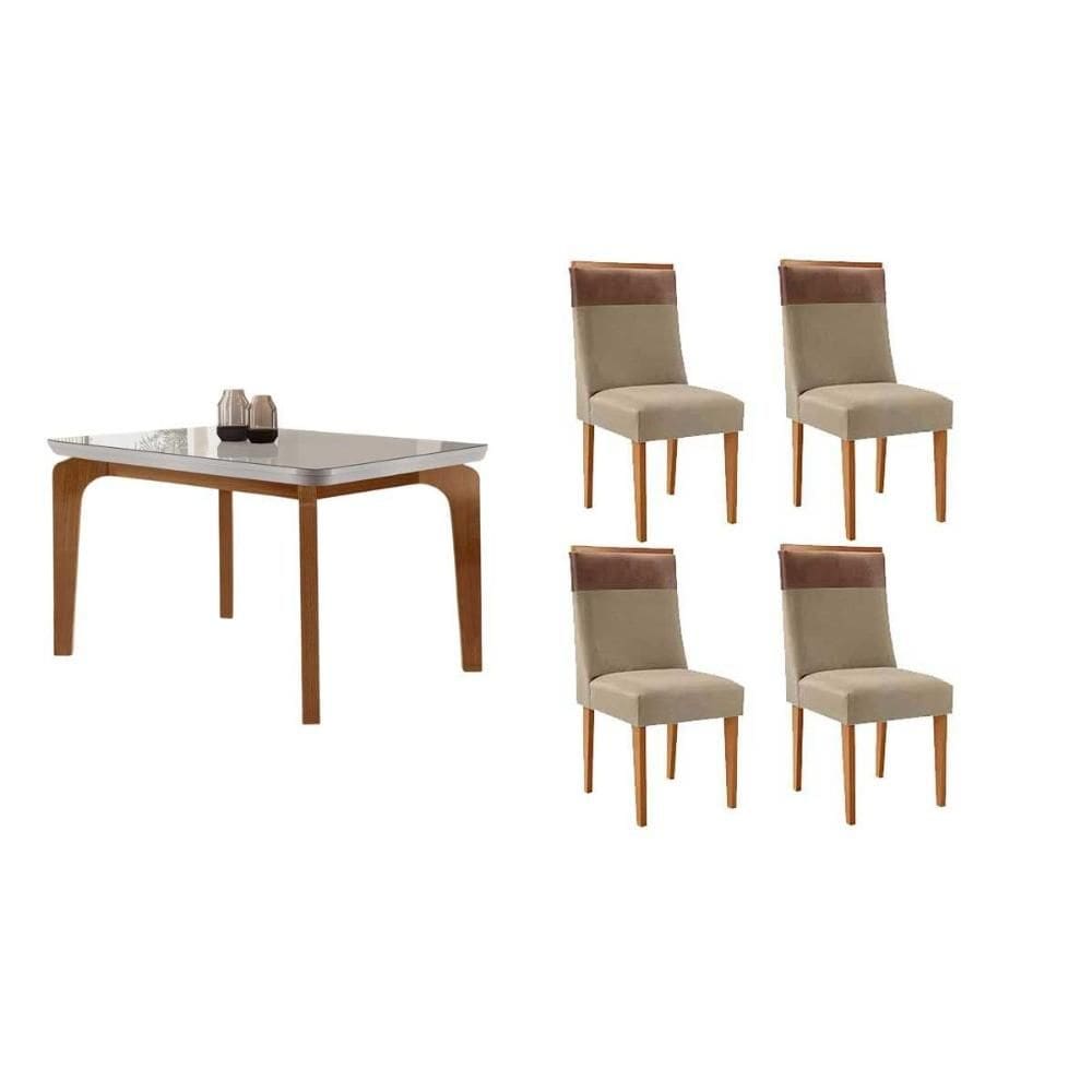 Sala de Jantar Completa Londrina c/ Tampo Madeirado c/ Vidro Canto Curvo 120x80cm 4 Cadeiras Jaspe Naturale/Off White - Linho Bege - Rufato