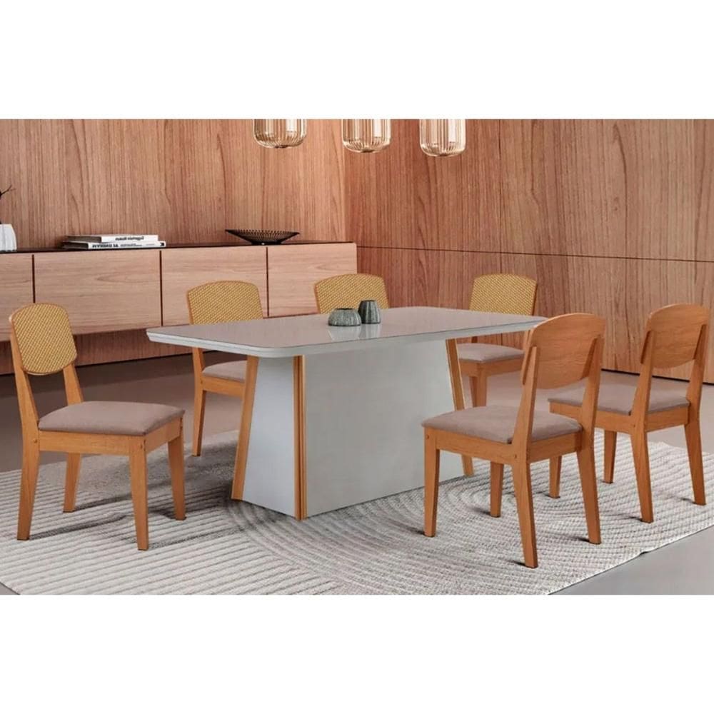 Conjunto Sala de Jantar Tilia c/ Tampo Madeirado c/ Vidro Canto Curvo 180x90cm e 6 Cadeiras Havana Premium Naturale/Off White - Linho Capuccino-Rufato