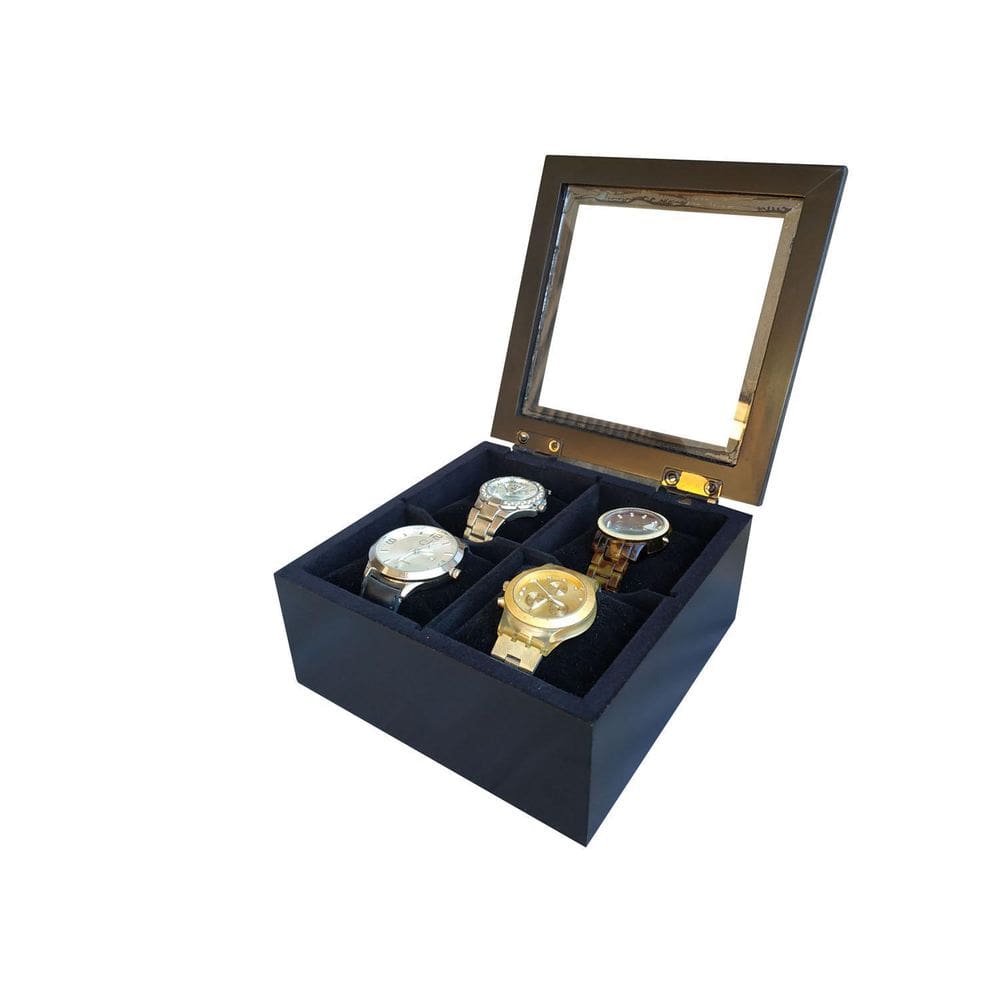 Estojo Caixa 4 Relógios Laqueado Preto Flocado De Preto