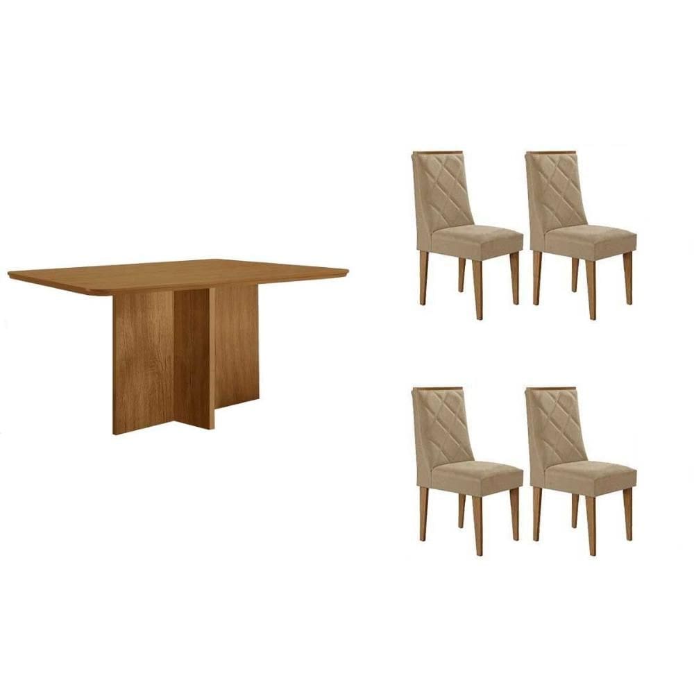 Sala de Jantar Completa Berlim c/ Tampo Madeirado Canto Curvo 120x80cm e 4 Cadeiras Pietá Naturale - Suede Creme - Rufato