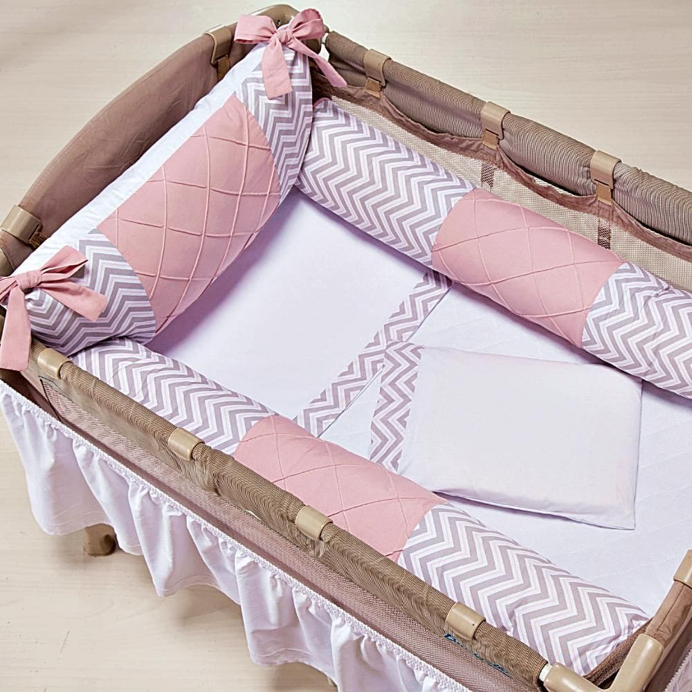 Protetor Para Berço Desmontável 4 Peças Chevron Rosa