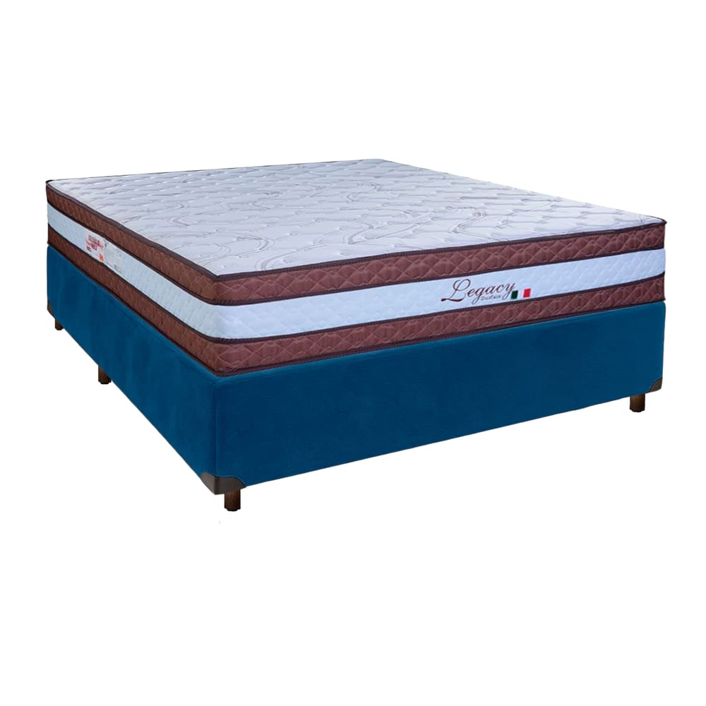 Conjunto Cama Box Azul Casal + Colchão Molas Ensacadas Legaccy Paropas