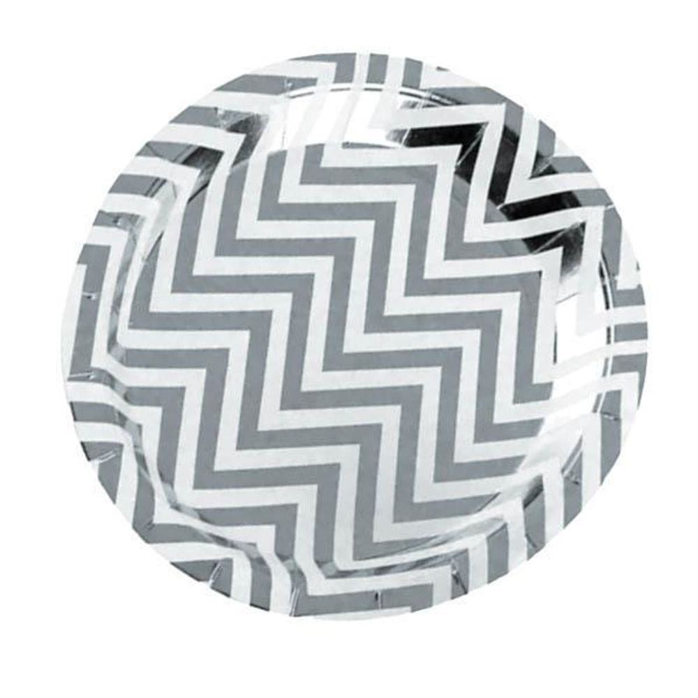 Kit 10 Pratos Sobremesa 18Cm Descartáveis Papel Listra Prata