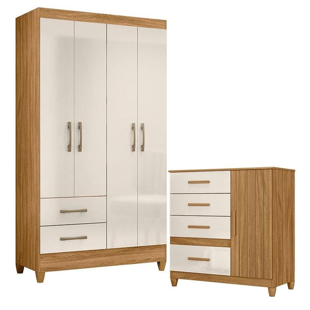 Guarda Roupa Solteiro Chile e Cômoda Vênus com Pés Freijó Off White – Moval