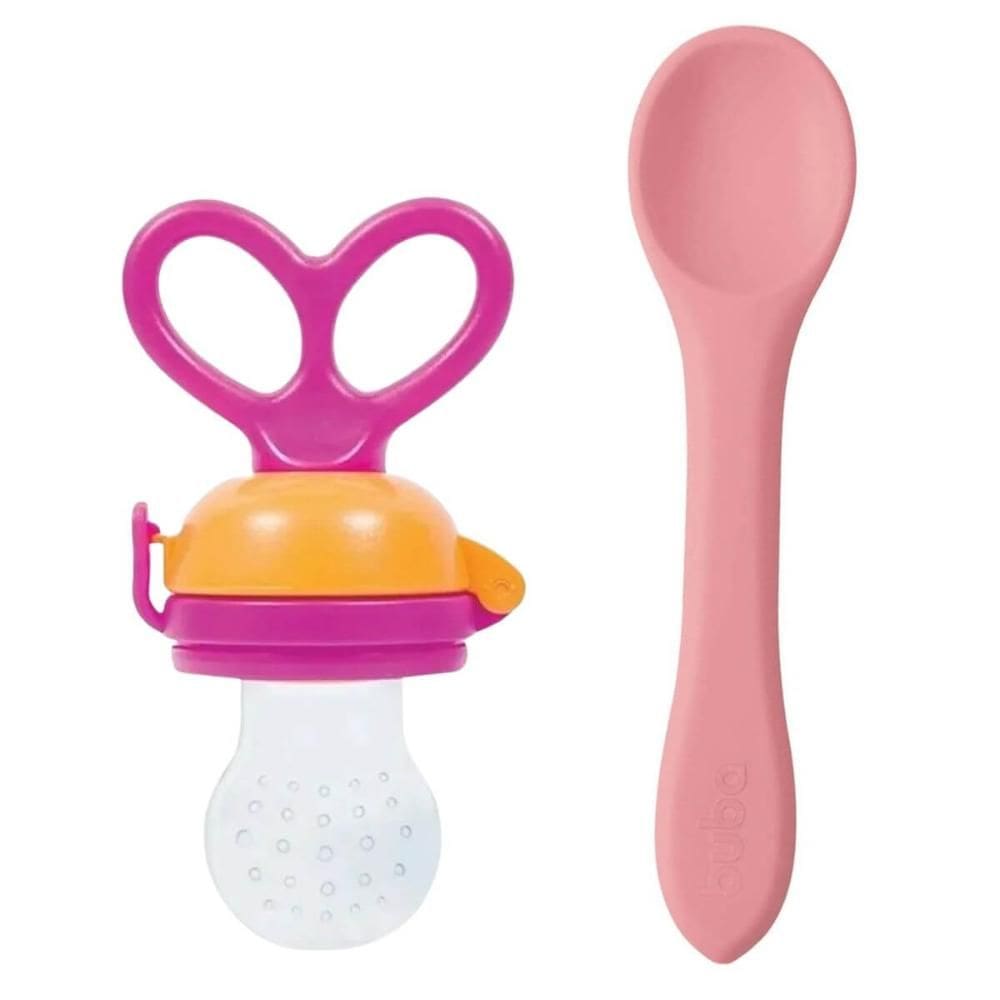 Kit Chupeta para Frutas e Colher de Silicone Flexível Bebê +6m Introdução Alimentar Buba Rosa