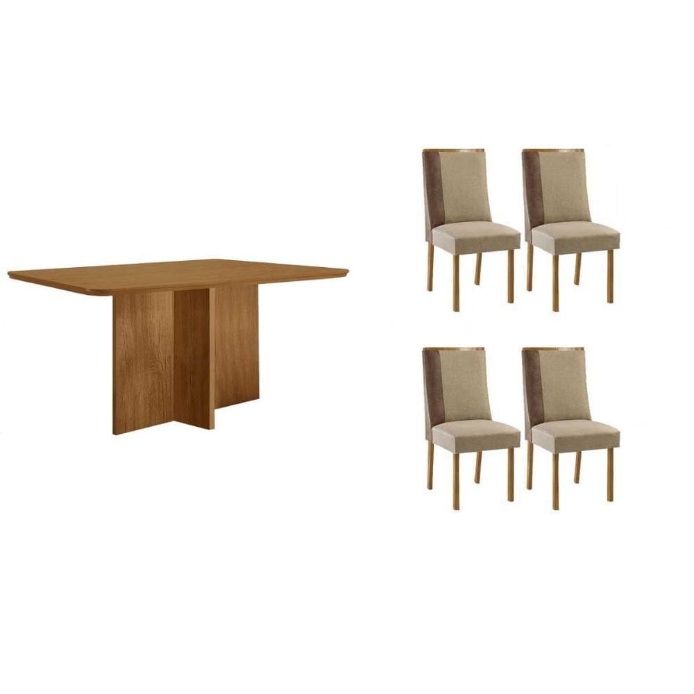 Sala de Jantar Completa Berlim c/ Tampo Madeirado Canto Curvo 120x80cm e 4 Cadeiras Tilia Naturale - Suede Creme - Rufato