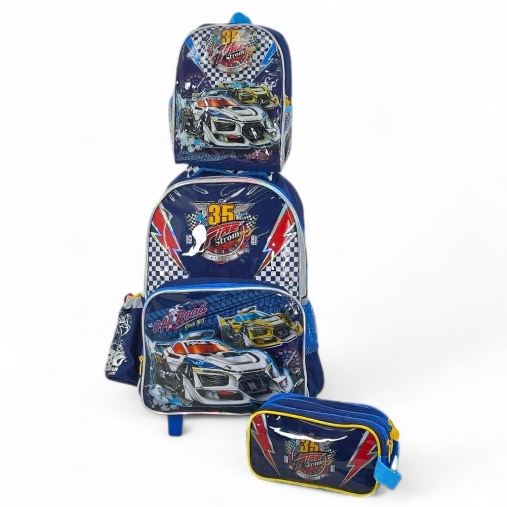 Kit Mochila Rodinha Escolar Lancheira Estojo Carro Car Azul