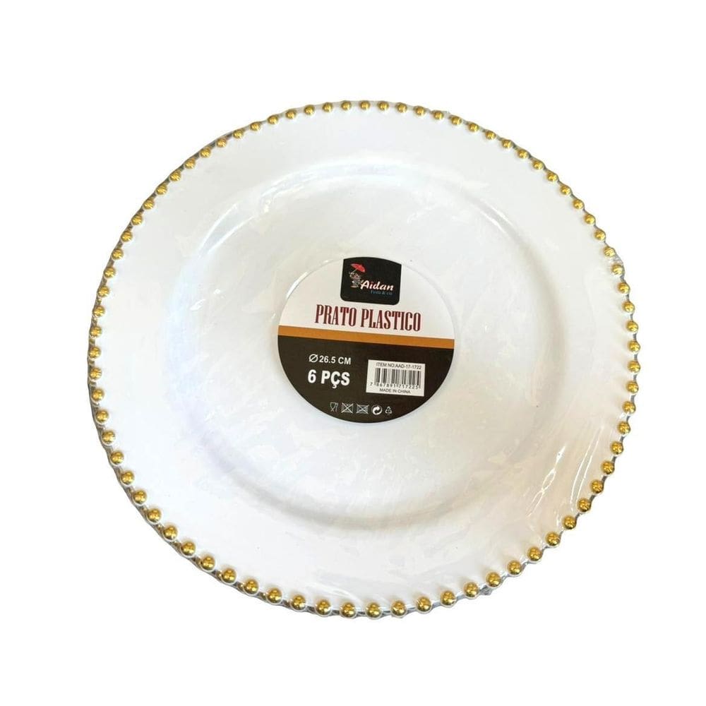 Prato Jantar Luxo 26Cm Acrílico Bolinha Borda Dourada- 6Un