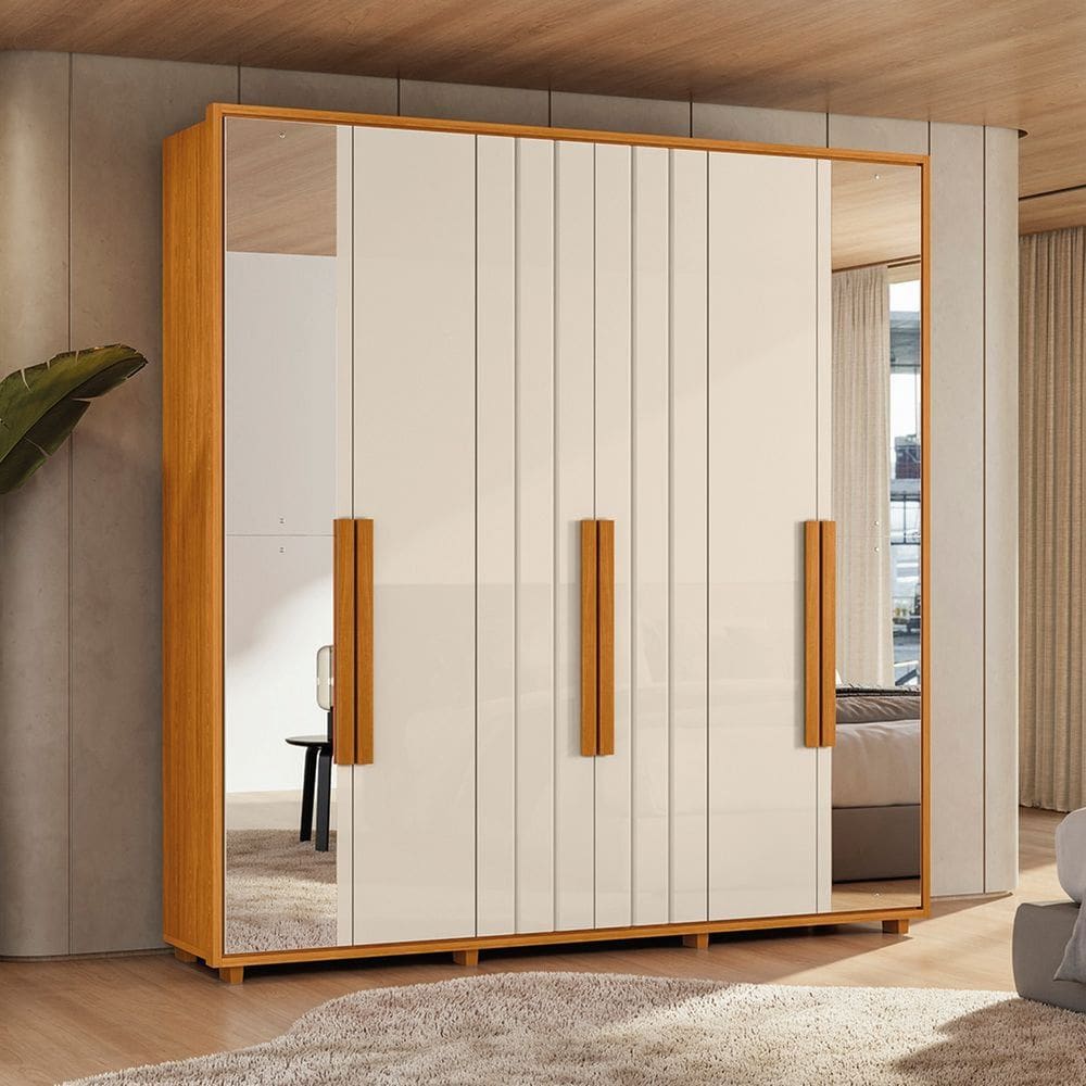 Guarda-Roupa Casal 6 Portas 100% MDF com Espelhos e Pés Veronese Cinamomo / Off White