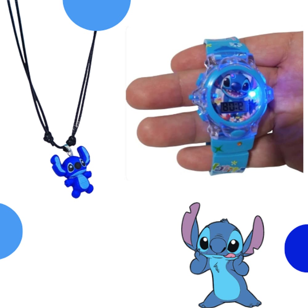 Kit Relógio Infantil Digital Led Pisca Luz colorida musical Disney Stitch Angel Lilo + Colar gargantilha pingente 3d