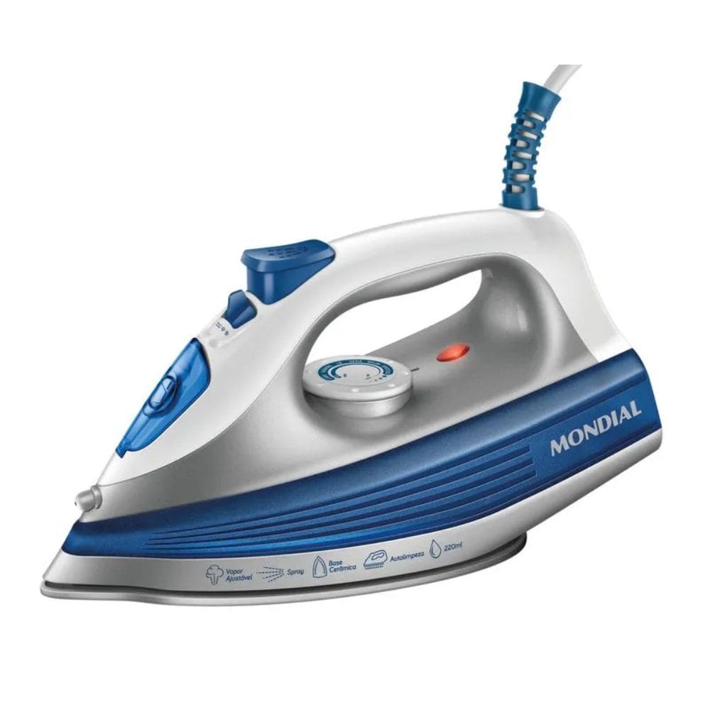 Ferro de Passar Roupa a Vapor e Seco Mondial Base Cerâmica Diamante 220V - FVN-01-BL