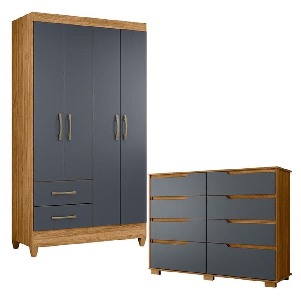 Guarda Roupa Solteiro Chile e Cômoda Georgia Freijó Cinza – Moval