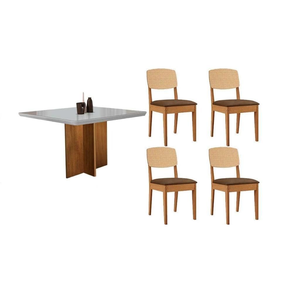 Sala de Jantar Completa Berlim c/ Tampo Madeirado c/ Vidro Canto Curvo 90x90cm e 4 Cadeiras Havana Premium Naturale/Off White - Suede Marrom - Rufato