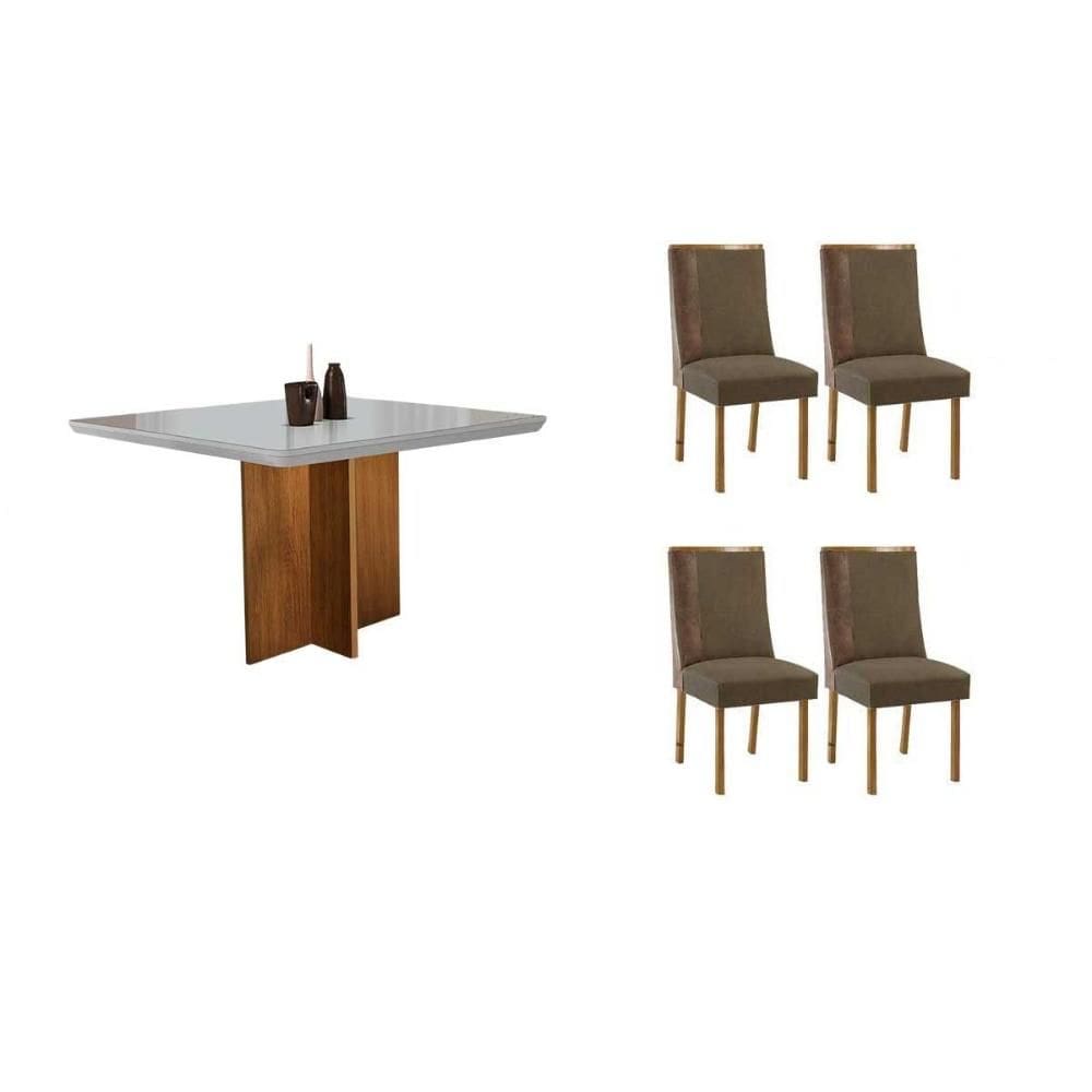 Sala de Jantar Completa Berlim c/ Tampo Madeirado c/ Vidro Canto Curvo 90x90cm e 4 Cadeiras Tilia Naturale/Off White - Suede Capuccino - Rufato