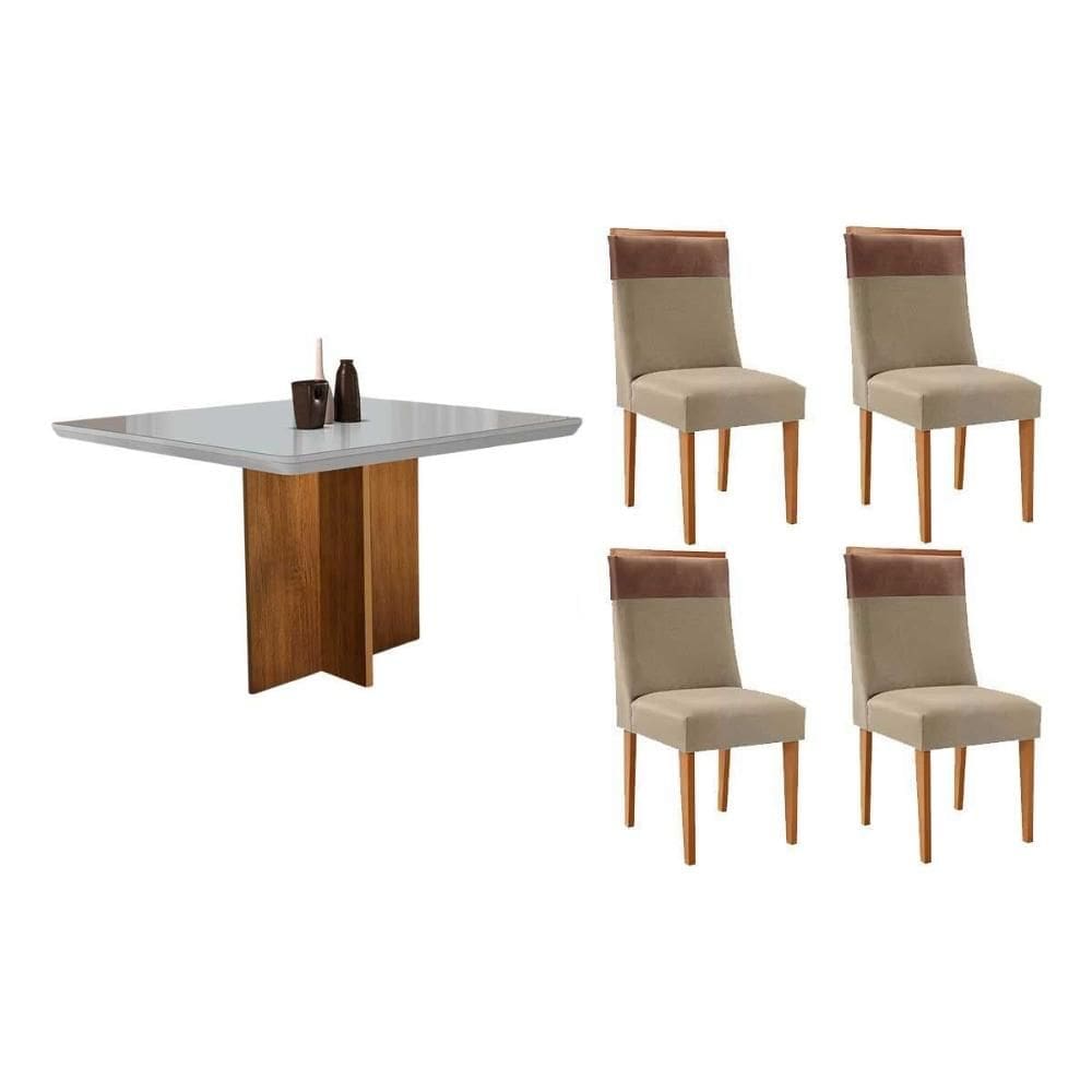 Sala de Jantar Completa Berlim c/ Tampo Madeirado c/ Vidro Canto Curvo 90x90cm e 4 Cadeiras Jaspe Naturale/Off White - Linho Bege - Rufato
