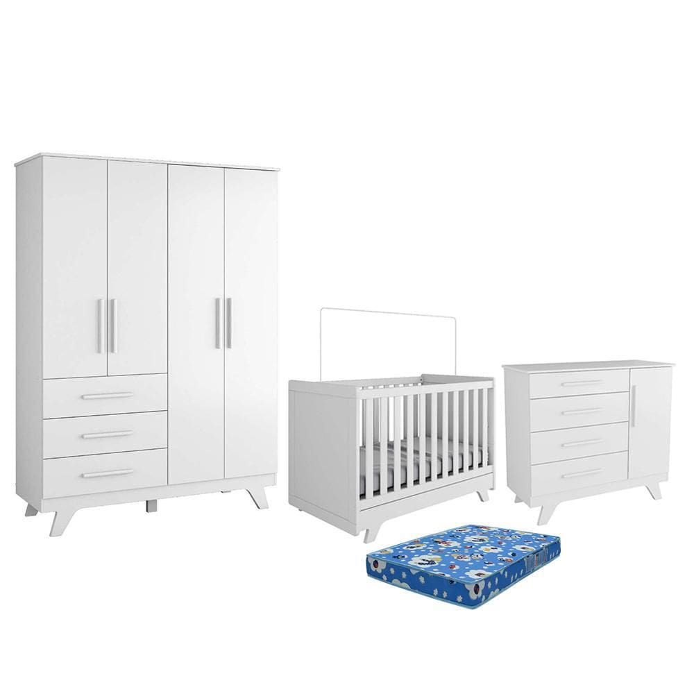 Dormitório Infantil Retrô Guarda Roupa, Cômoda e Berço com Colchão Baby Physical - Móveis Peroba