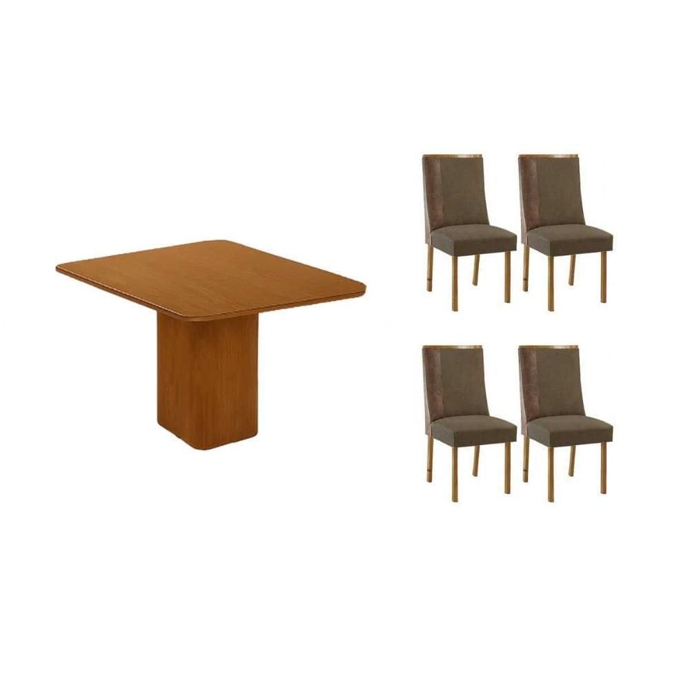Sala de Jantar Completa Maldivas c/ Tampo Madeirado Canto Curvo 90x90cm e 4 Cadeiras Tilia Naturale - Suede Capuccino - Rufato