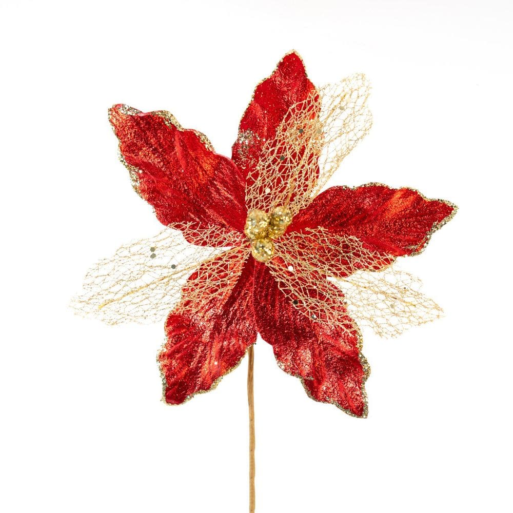 Kit 10 Flores Com Cabo Artificial Brilho Natal Vermelha 30cm