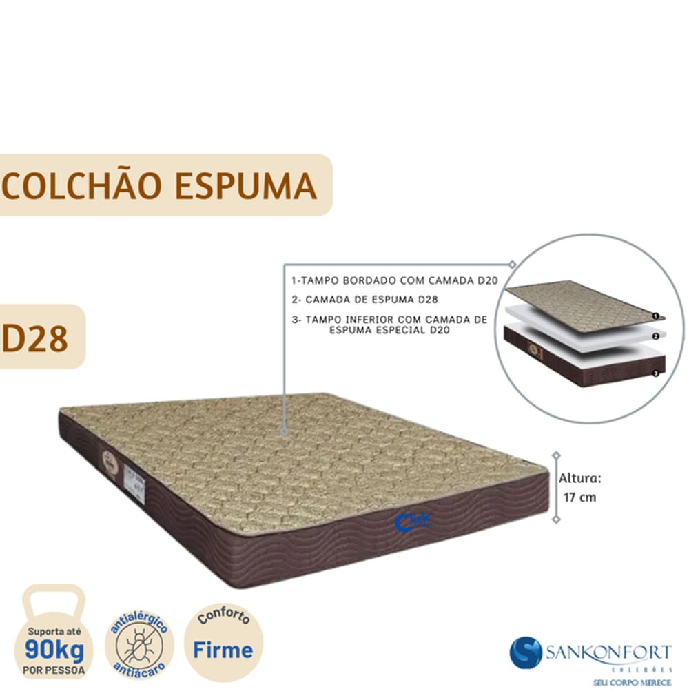 Colchão Espuma Sankonfort Toulon D28 Casal 138x188x17 - Firme - Antiácaro e Antialérgico