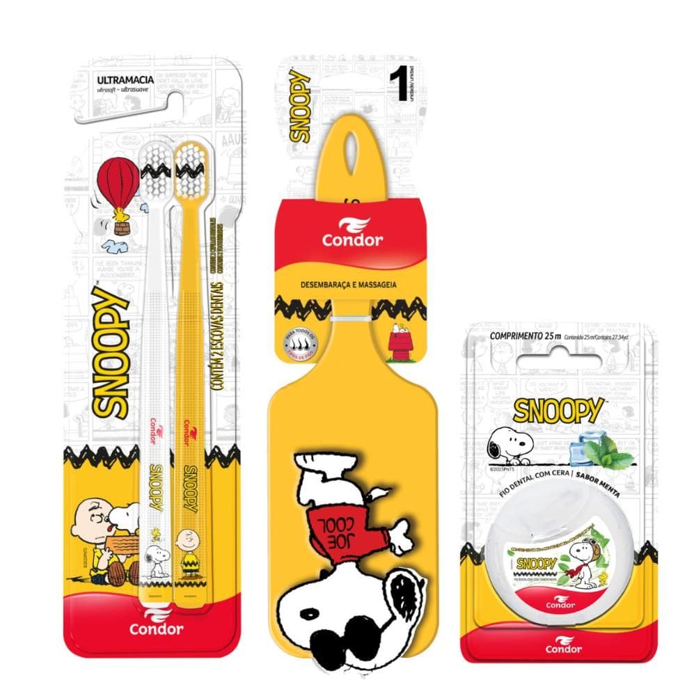 Kit Escova Dental Ultramacia + Escova para Cabelo Raquete + Fio Dental Snoopy Condor