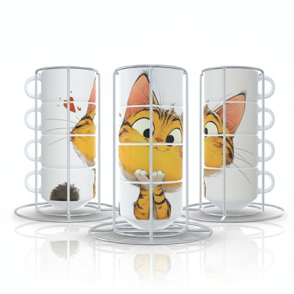 Conjunto De Xícaras Empilháveis Gato Feliz C Suporte Cozinha