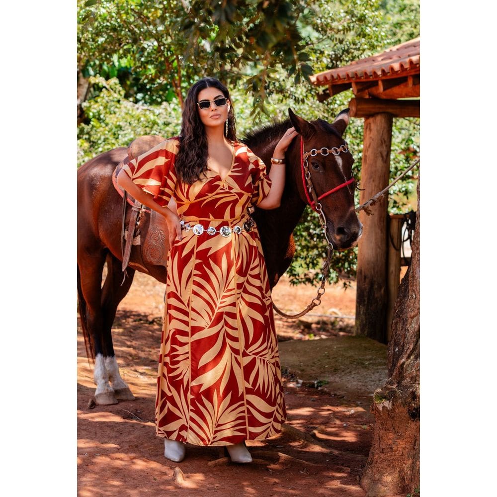 Vestido Plus Size Estampado Decote V Marrom
