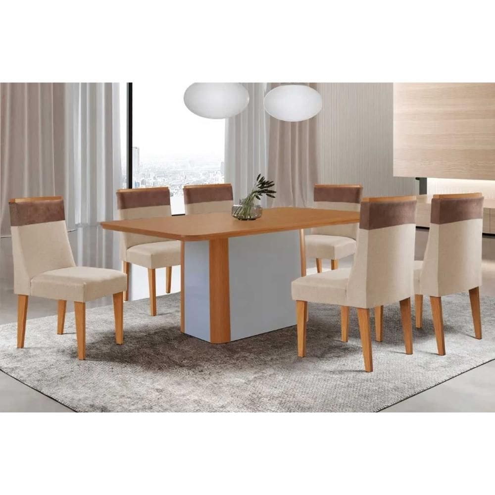 Sala de Jantar Completa Pietá c/ Tampo Madeirado Canto Curvo 180x90cm e 6 Cadeiras Jaspe Naturale/Off White - Suede Creme - Rufato