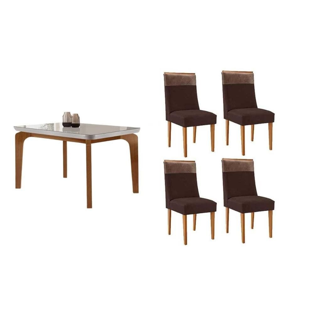 Sala de Jantar Completa Londrina c/ Tampo Madeirado c/ Vidro Canto Curvo 120x80cm 4 Cadeiras Jaspe Naturale/Off White - Suede Marrom - Rufato